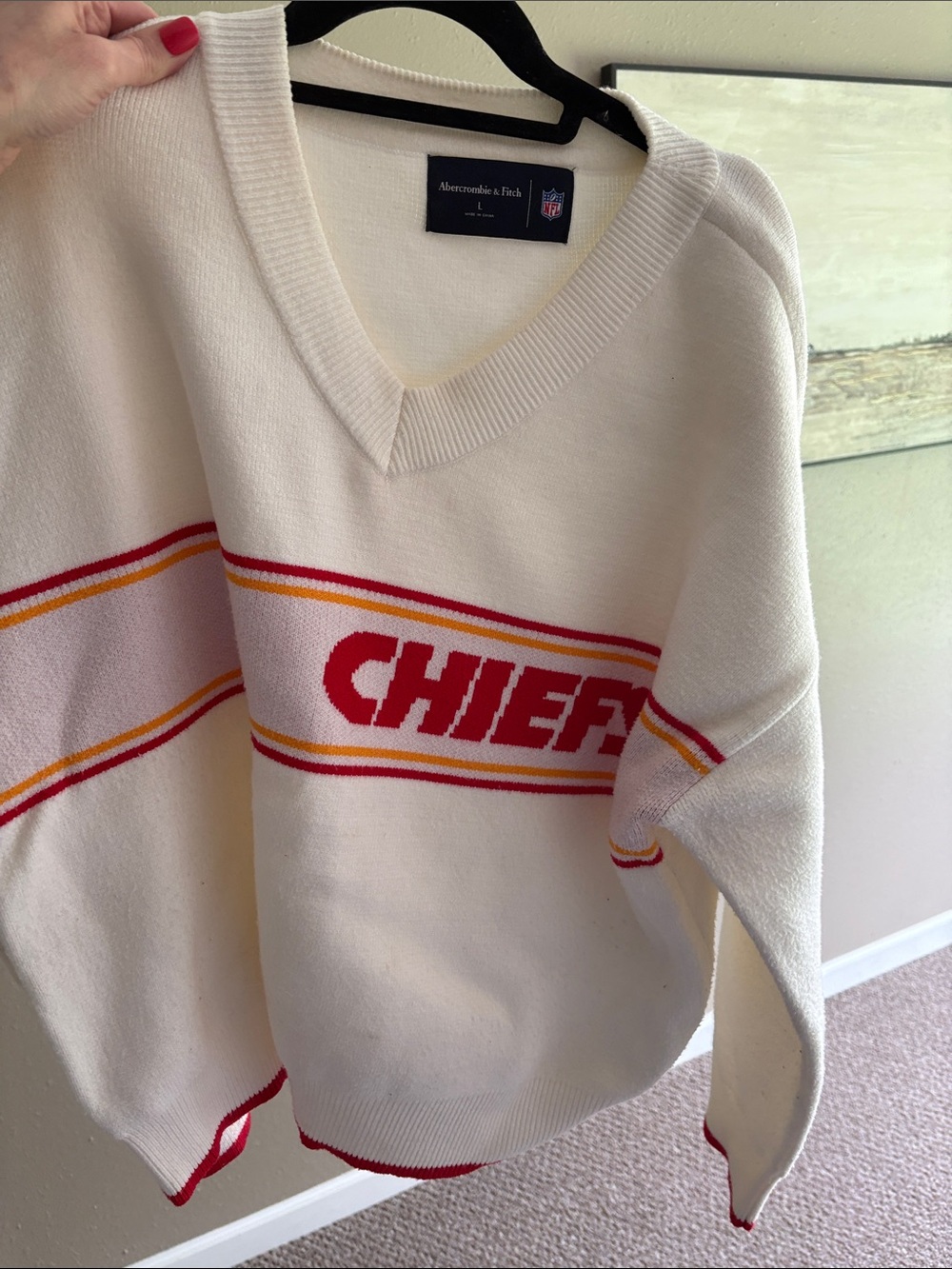 Abercrombie & Fitch Cream Sweater with Red and Yellow Chiefs Logo